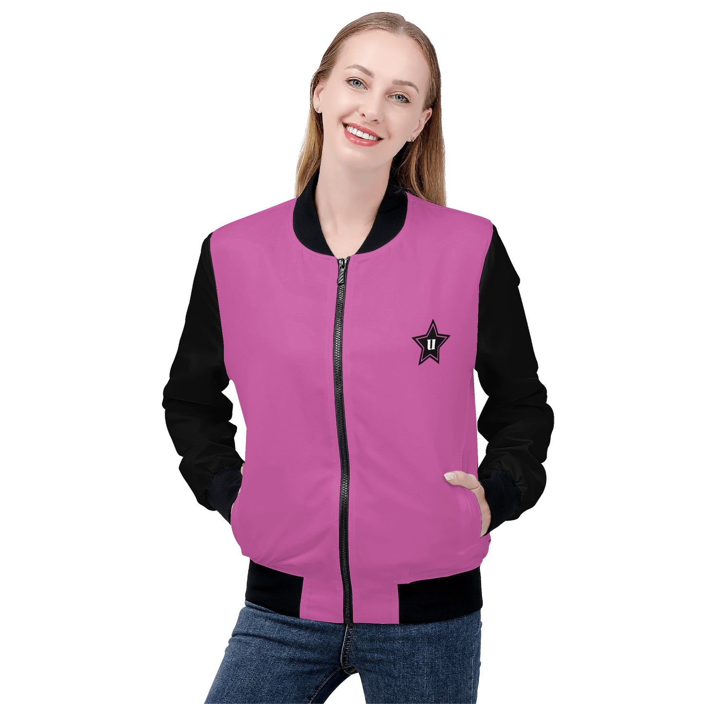Womens Zip Up Print Bomber Jacket