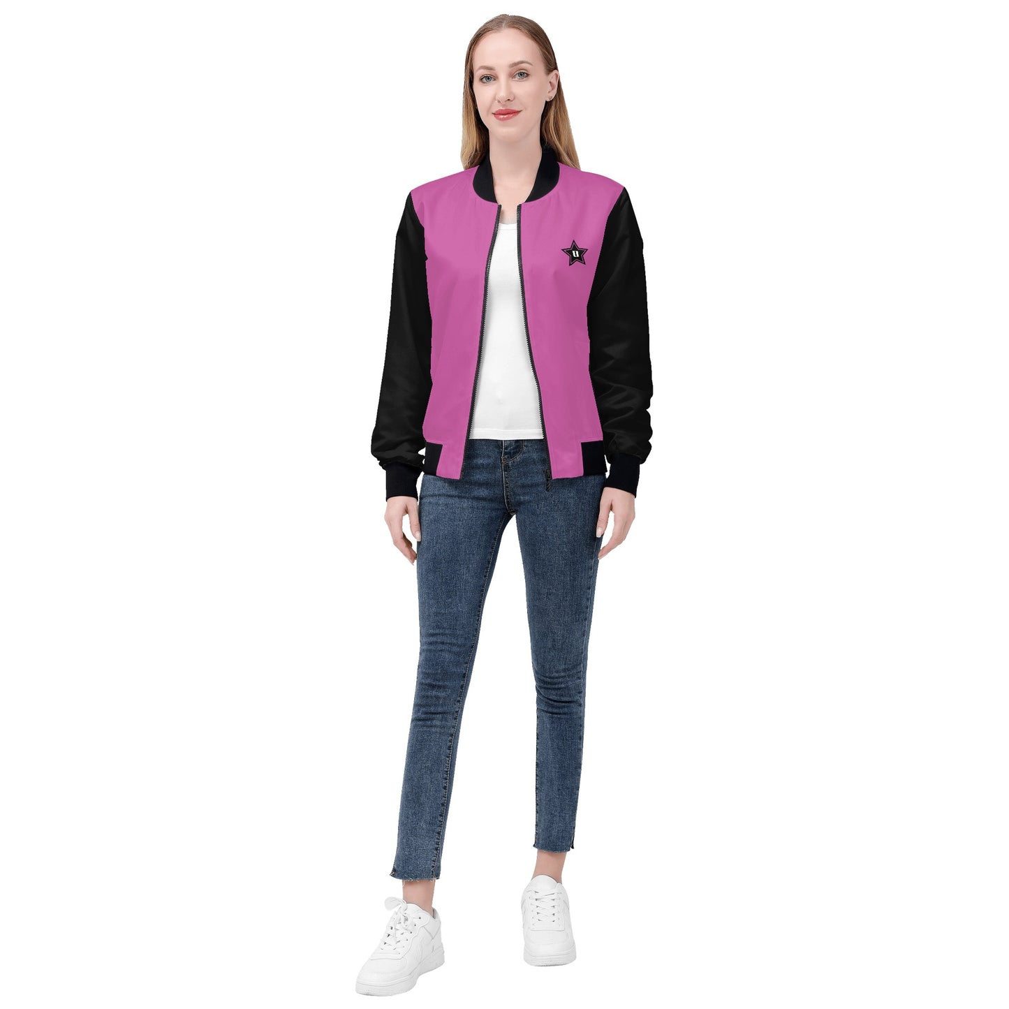 Womens Zip Up Print Bomber Jacket