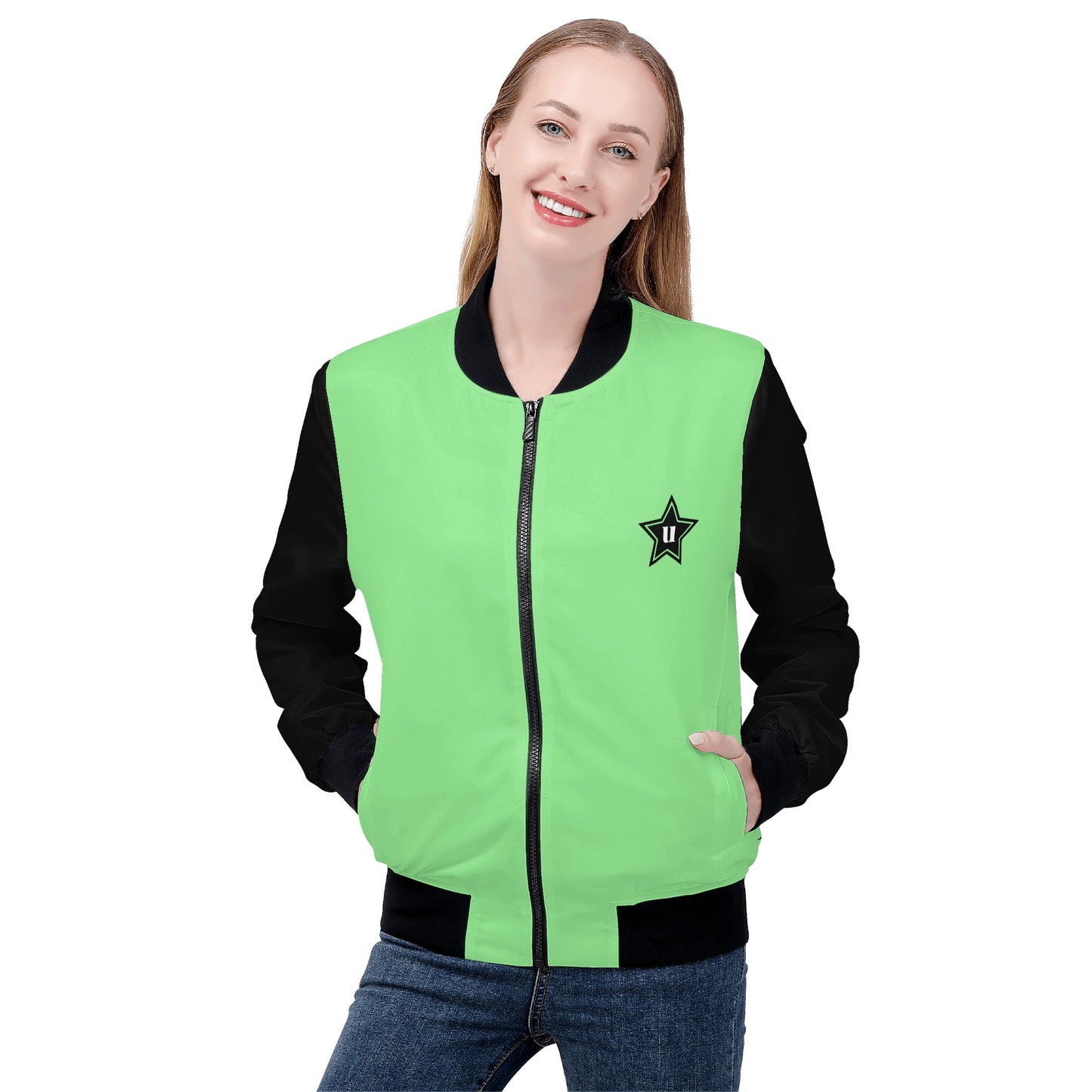Womens Zip Up Print Bomber Jacket