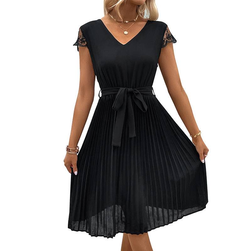 V-neck Lace Pleated Midi Dress With Belt