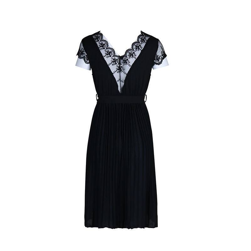 V-neck Lace Pleated Midi Dress With Belt