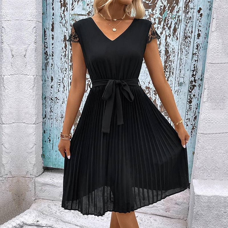 V-neck Lace Pleated Midi Dress With Belt
