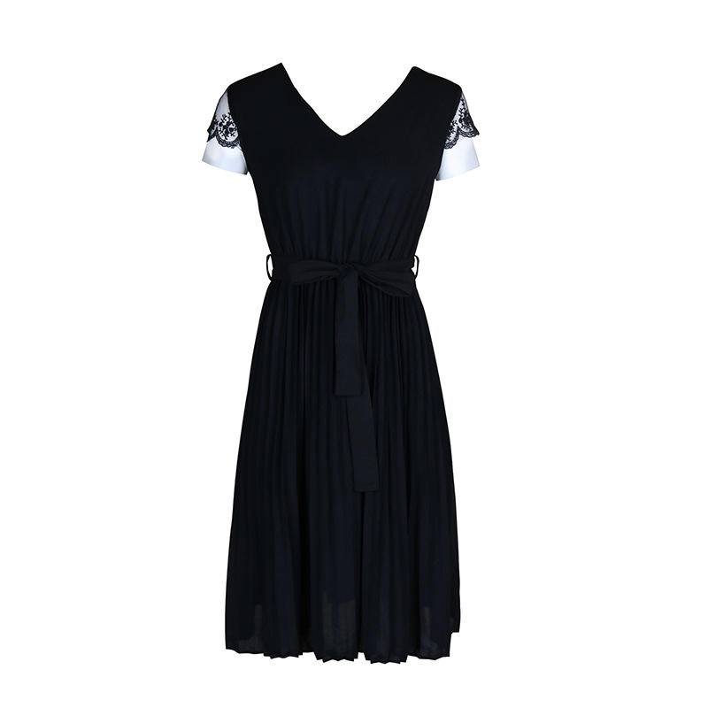 V-neck Lace Pleated Midi Dress With Belt