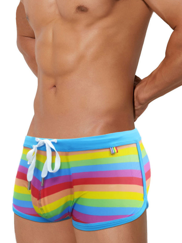 Men's Rainbow Fashion Tethered Slit Boxer Swim Shorts