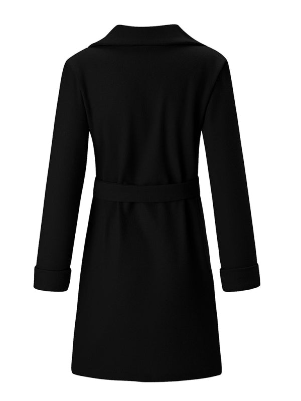 Women’s Stylish Solid Color Classy Collared Overcoat With Waist Tie And Hand Pockets