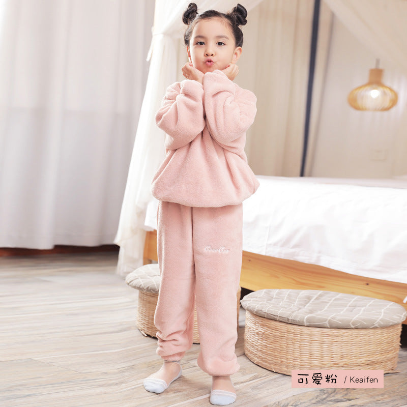 Children'S Embroidered Coral Fleece Pajama Set