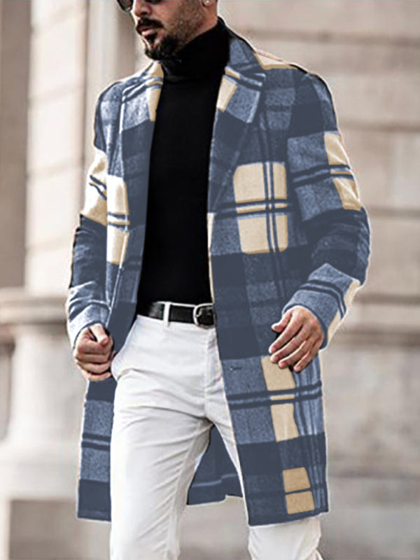 Men's Casual Fashion Plaid Coat Mid Length Coat