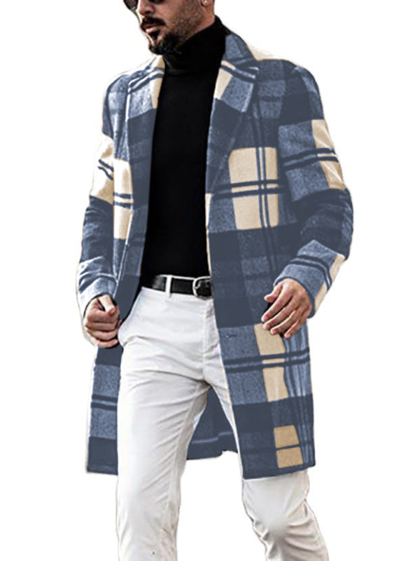 Men's Casual Fashion Plaid Coat Mid Length Coat
