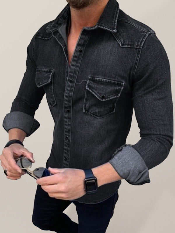 Men's solid slim fit long sleeve denim shirt