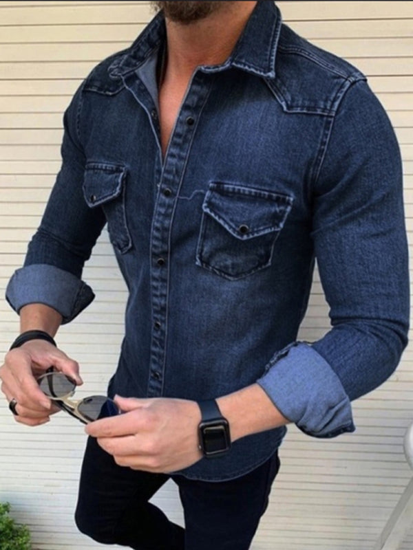 Men's solid slim fit long sleeve denim shirt