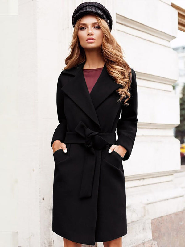 Women’s Stylish Solid Color Classy Collared Overcoat With Waist Tie And Hand Pockets