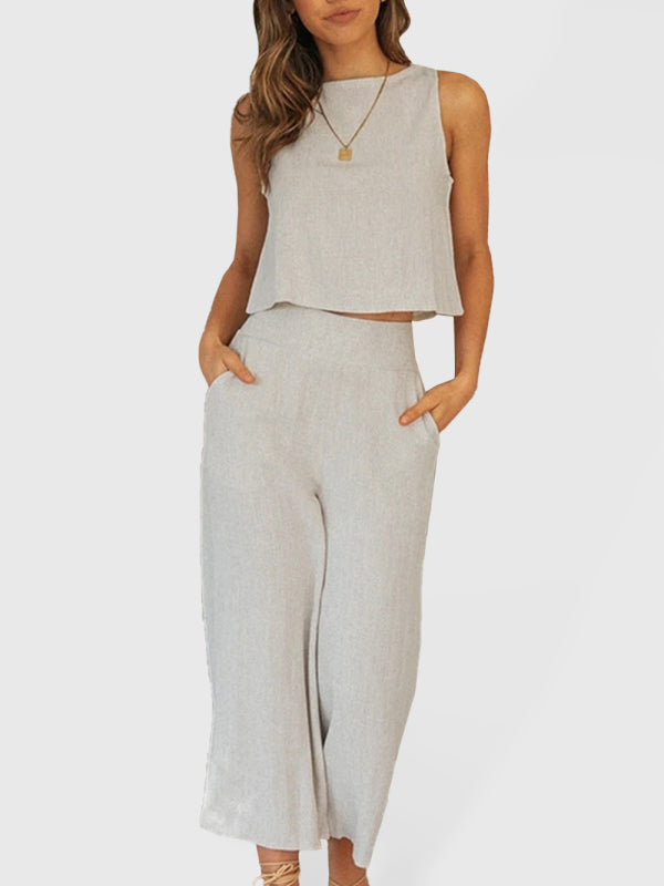 Women's Printed V-neck Lantern Sleeve Short Shirt, High Waist Wide-leg Pants Two-piece Set