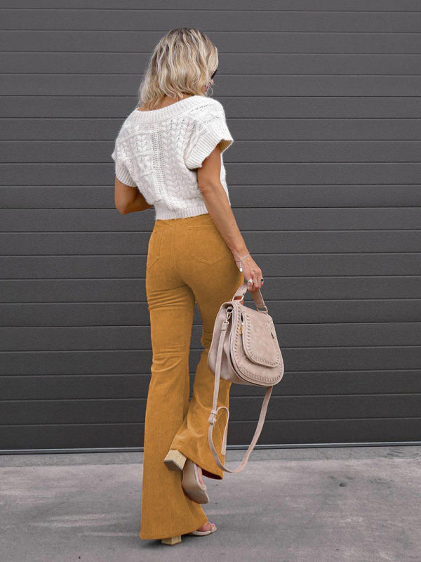 Solid Color High Waist Slim Flared Pants Corduroy High Waist Casual Pants