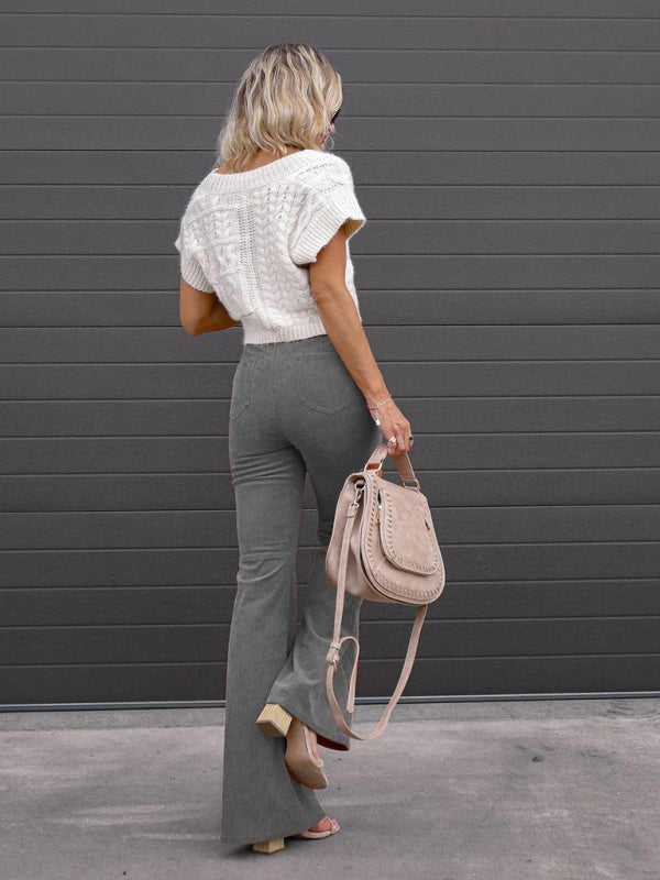 Solid Color High Waist Slim Flared Pants Corduroy High Waist Casual Pants