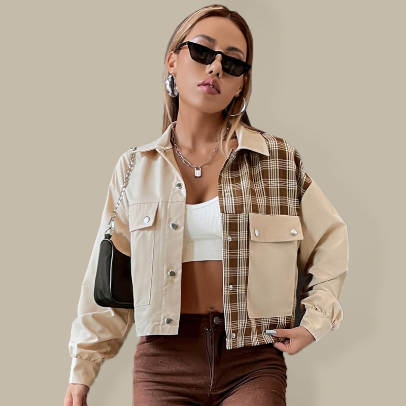 Women's Bi Patterns With Plaid Print Cropped Jacket