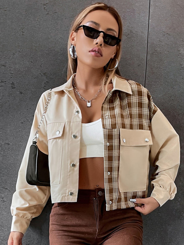 Women's Bi Patterns With Plaid Print Cropped Jacket