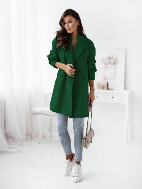 Women's Double-breasted Solid-color Wool Coat