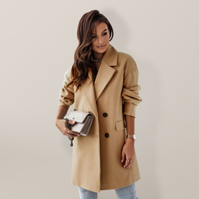 Women's Double-breasted Solid-color Wool Coat
