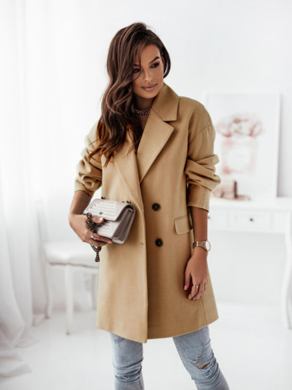 Women's Double-breasted Solid-color Wool Coat