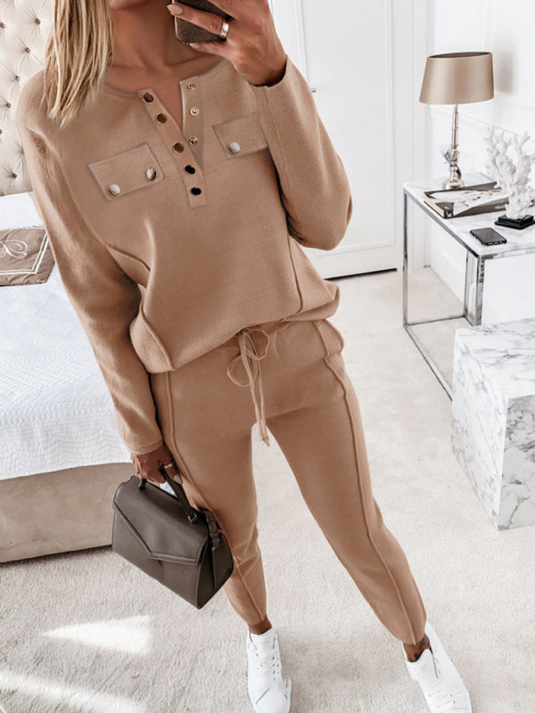 Women's Solid Color Button Front Sweatshirt And Joggers Set