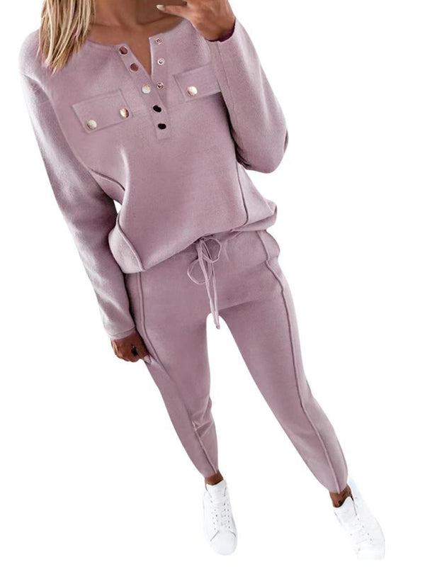 Women's Solid Color Button Front Sweatshirt And Joggers Set