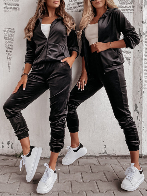Gold velvet zipper jacket skinny pants two pieces suit