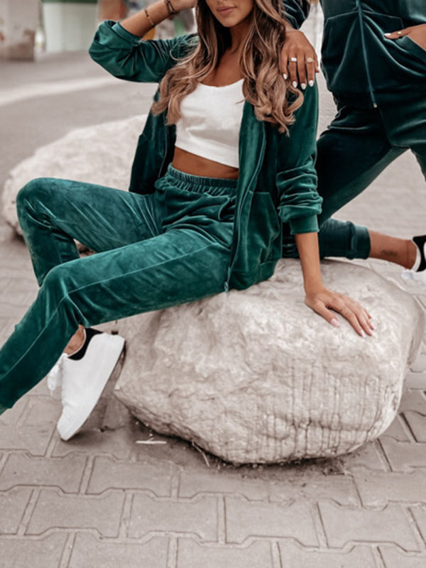 Gold velvet zipper jacket skinny pants two pieces suit
