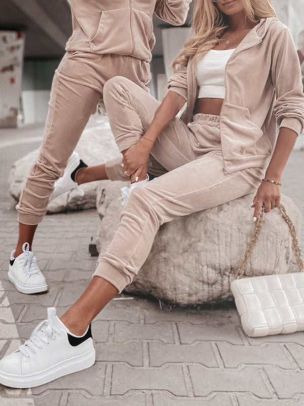 Gold velvet zipper jacket skinny pants two pieces suit