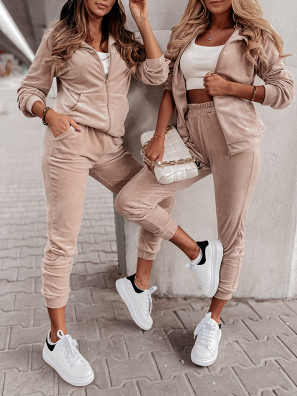 Gold velvet zipper jacket skinny pants two pieces suit