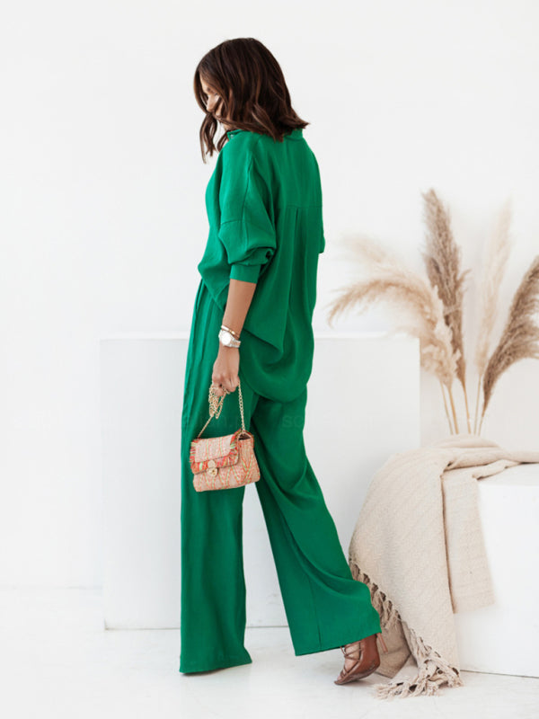 Women's loose solid color long-sleeved shirt casual trousers two-piece set