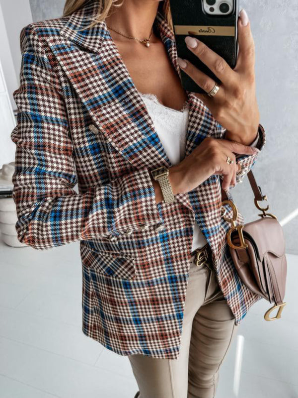 Fashion Lapel Double Breasted Plaid Blazer