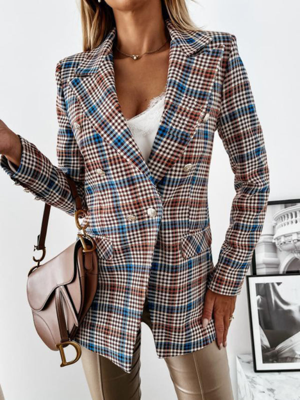 Fashion Lapel Double Breasted Plaid Blazer