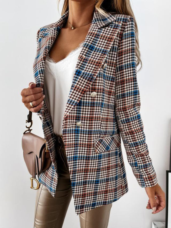 Fashion Lapel Double Breasted Plaid Blazer