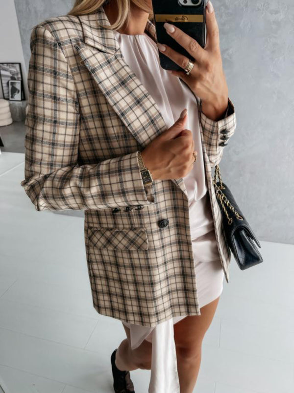 Fashion Lapel Double Breasted Plaid Blazer