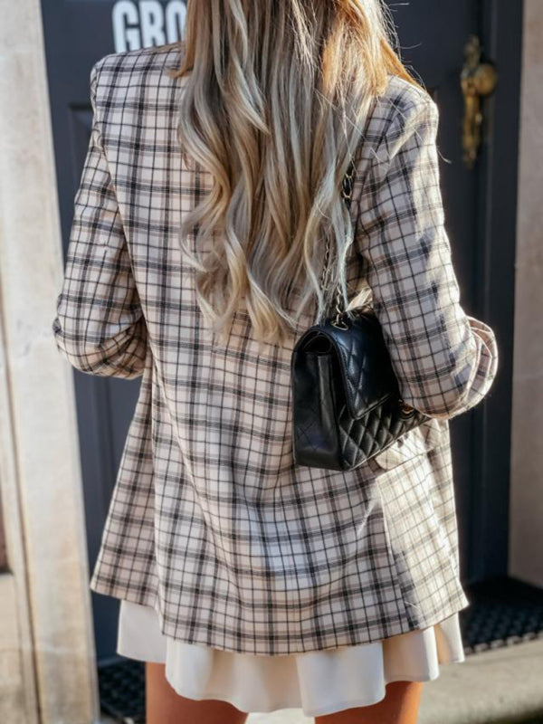 Fashion Lapel Double Breasted Plaid Blazer
