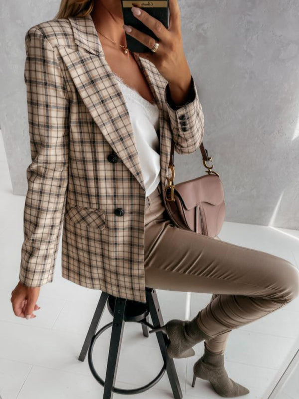 Fashion Lapel Double Breasted Plaid Blazer