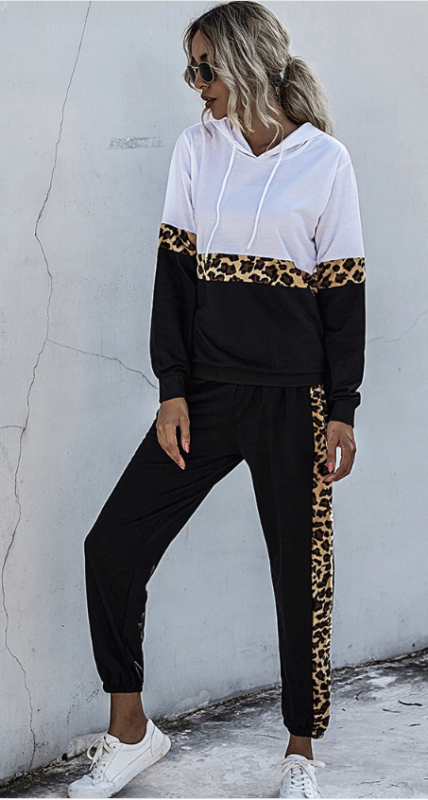 Ladies Leopard Print Stitching Hooded Sweatshirt Set