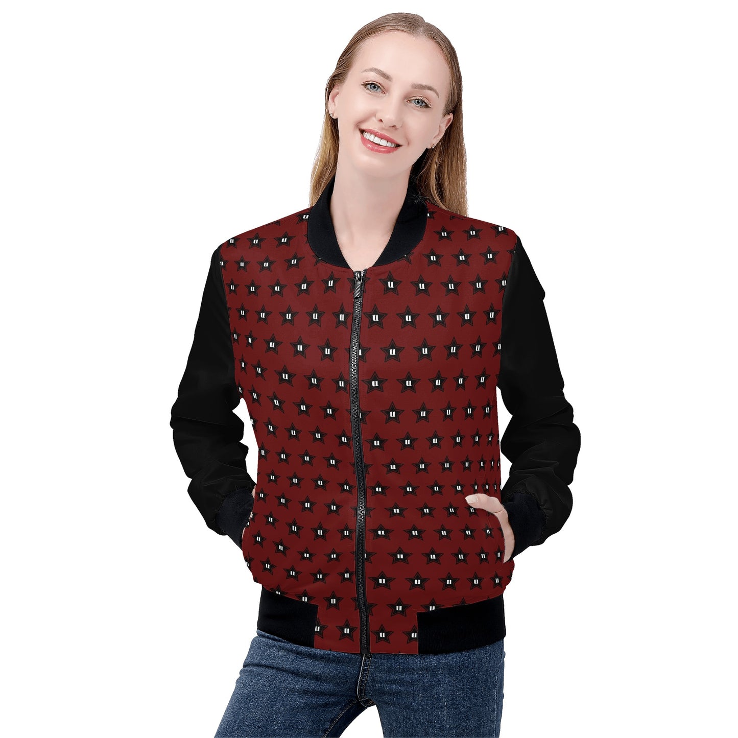 Womens Zip Up Print Bomber Jacket