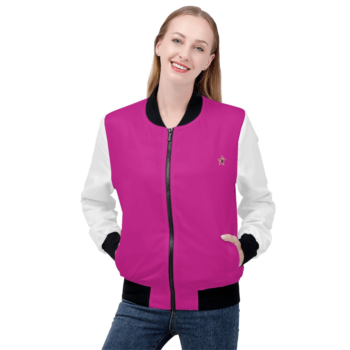 Womens Zip Up Print Bomber Jacket