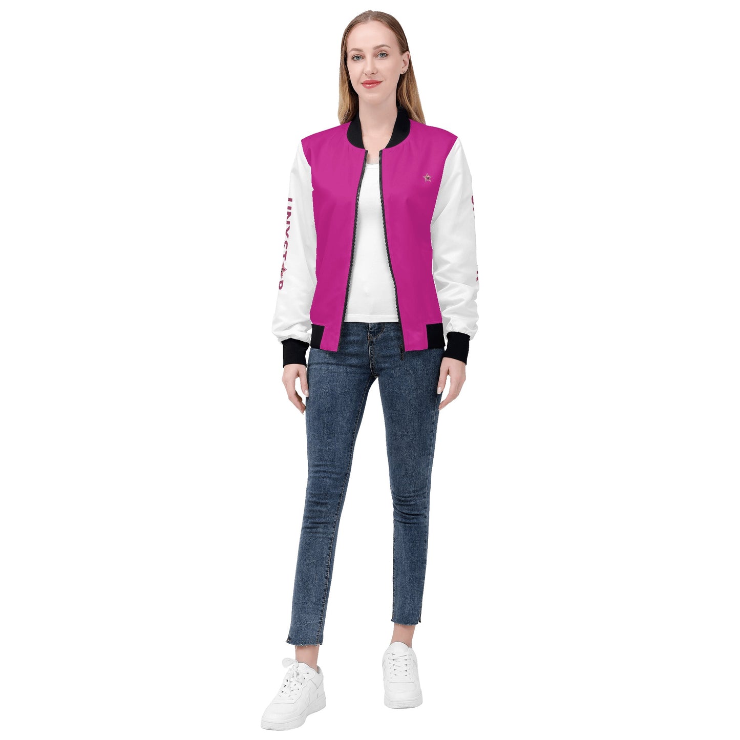 Womens Zip Up Print Bomber Jacket