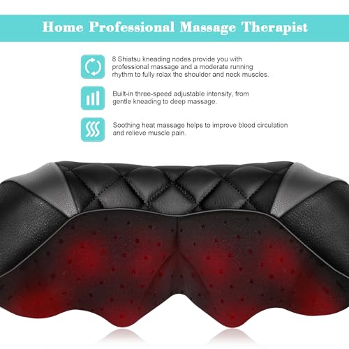 Neck Massager with Heat, Shiatsu Back Neck and Shoulder Massager, Deep Tissue 4D Kneading Massage Relax Muscle Pain Relief, Use at Home, Office, Car- Best Gifts for Women Men Mom Dad