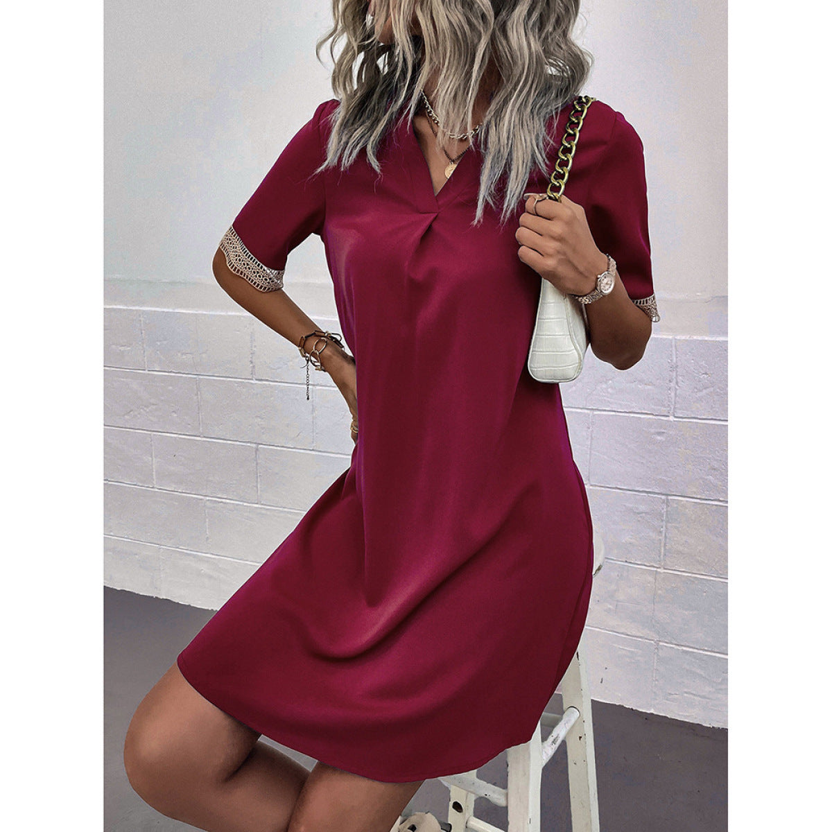 Burgundy V-Neck Embroidery Sleeve Mini Dress