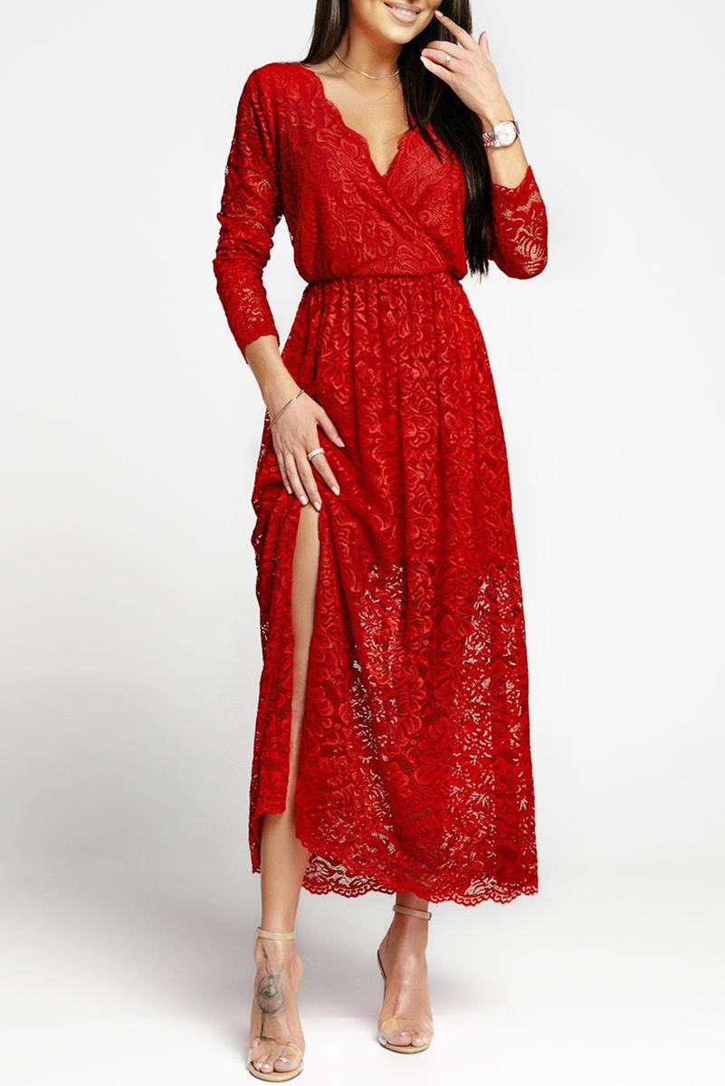 Long Sleeve V Neck Lace Maxi Dress With Split