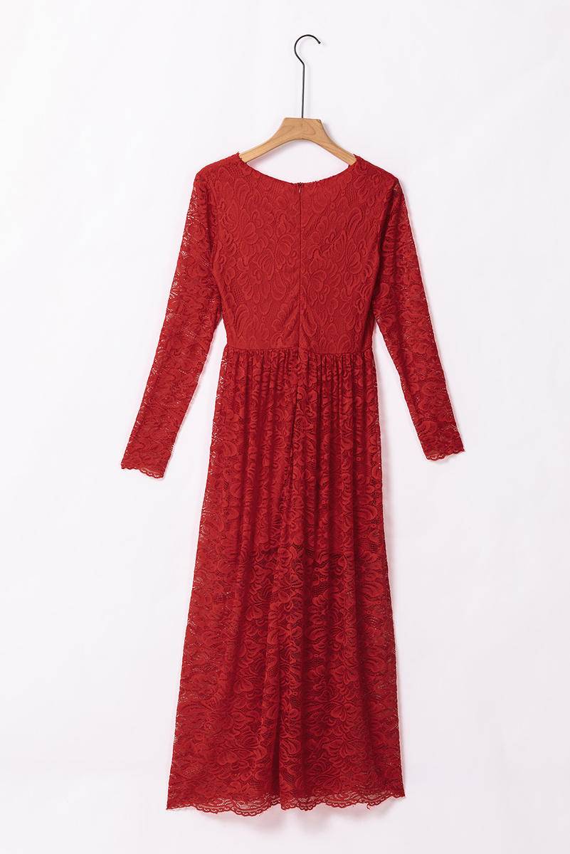 Long Sleeve V Neck Lace Maxi Dress With Split