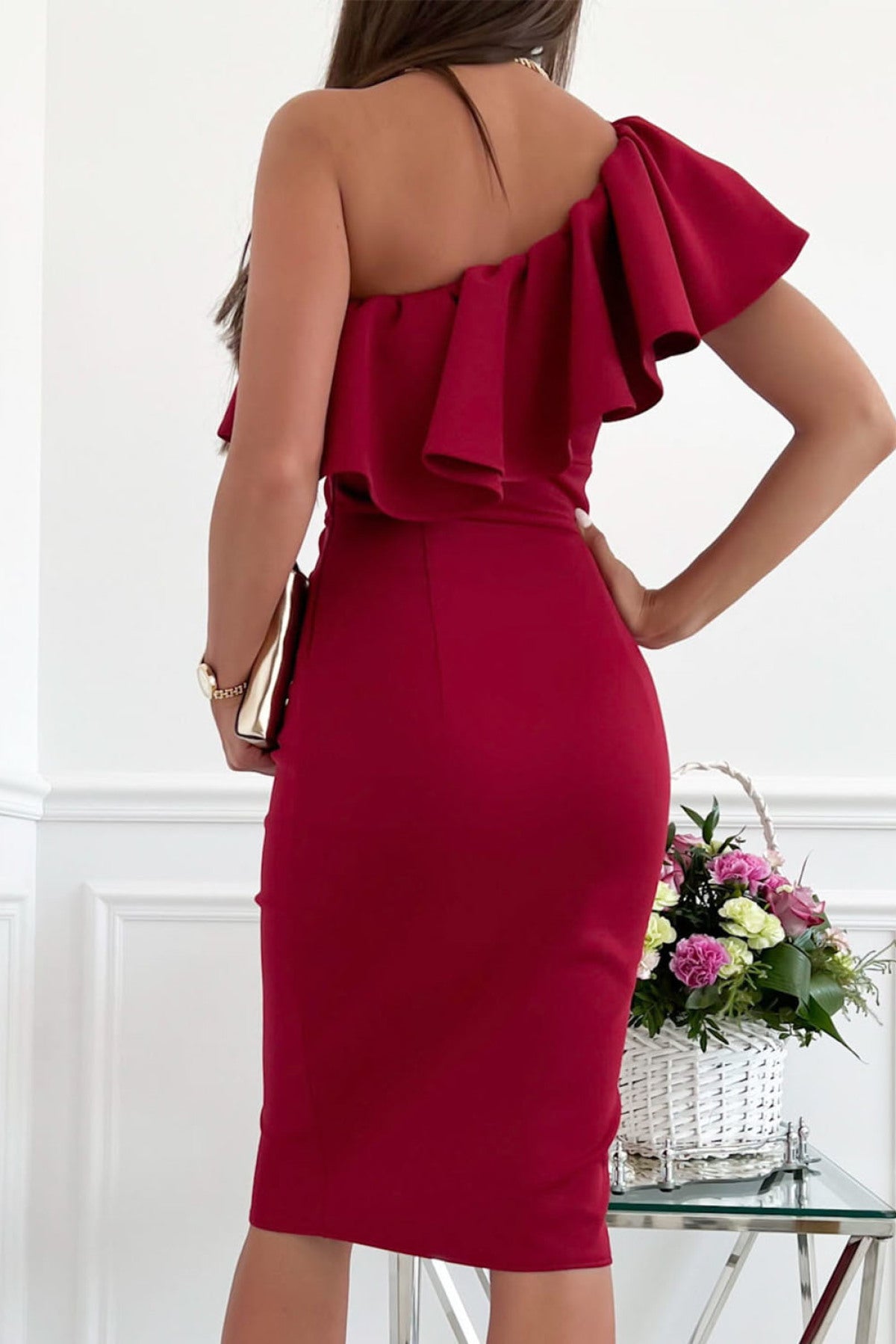 Ruffled One Shoulder Ruched Slit Dress