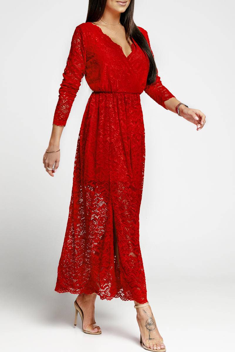 Long Sleeve V Neck Lace Maxi Dress With Split