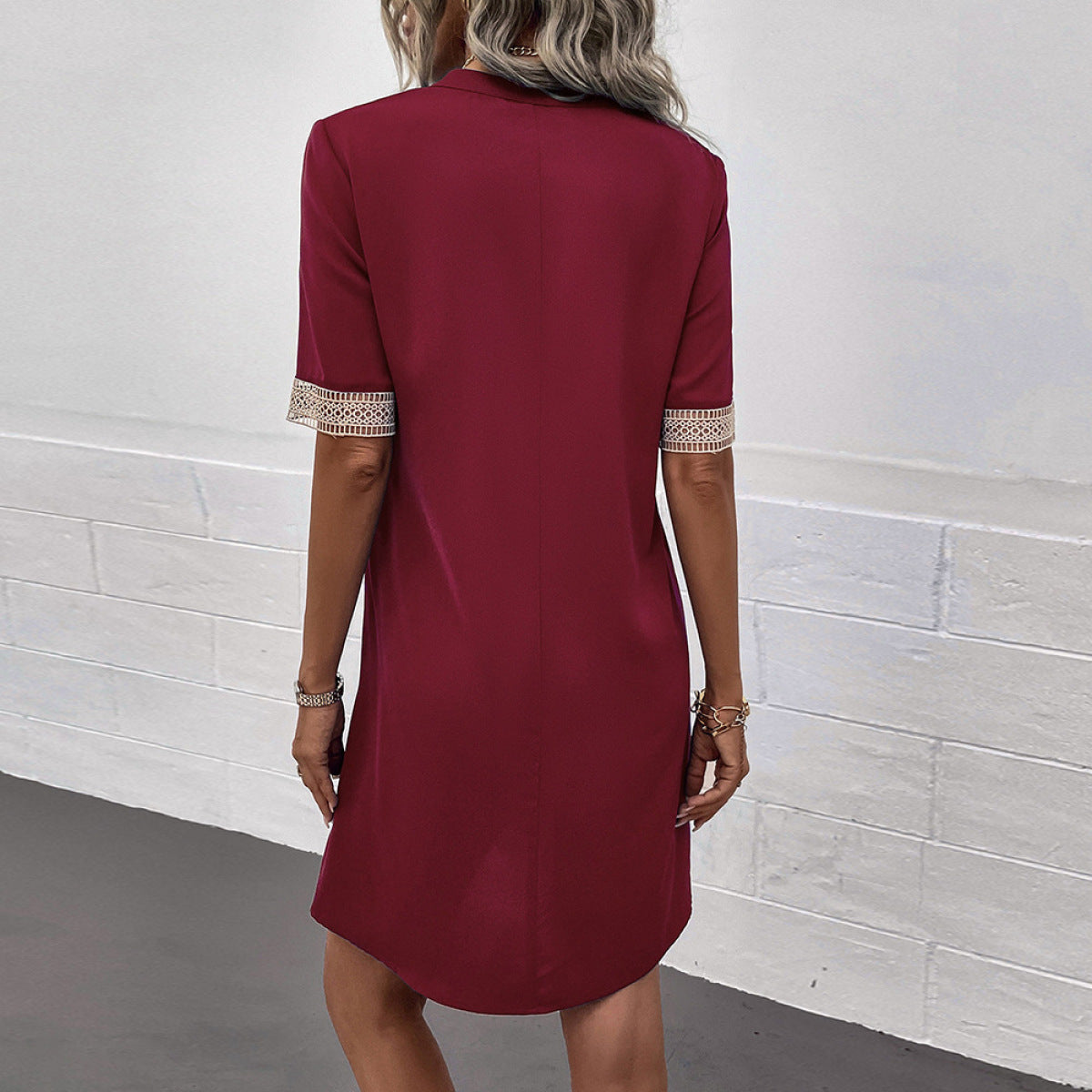 Burgundy V-Neck Embroidery Sleeve Mini Dress