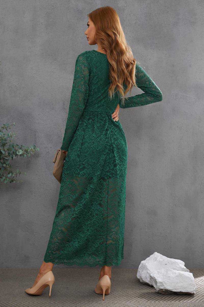 Long Sleeve V Neck Lace Maxi Dress With Split