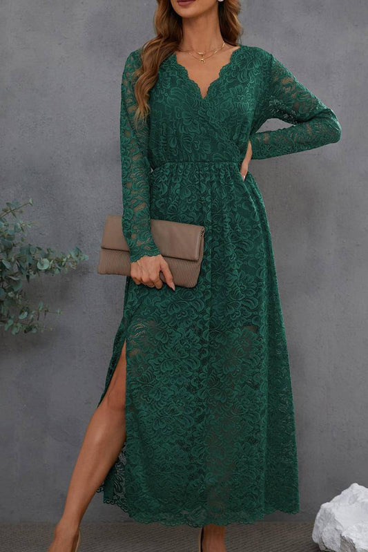 Long Sleeve V Neck Lace Maxi Dress With Split