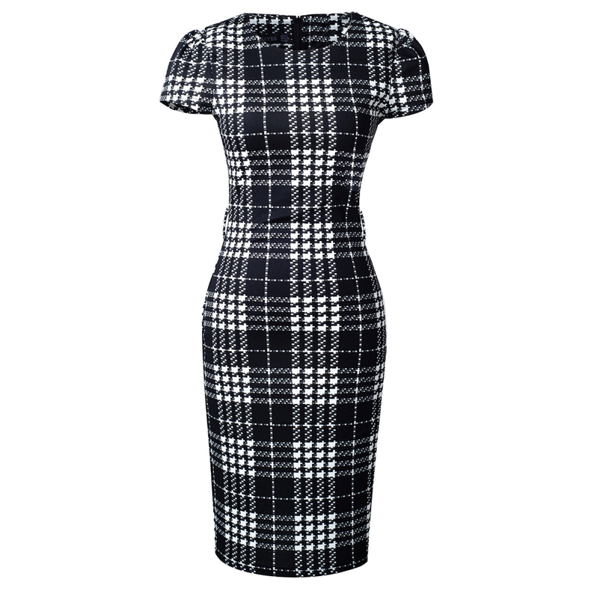 Round Neck Short Sleeve Plaid Tube Dress with Belt